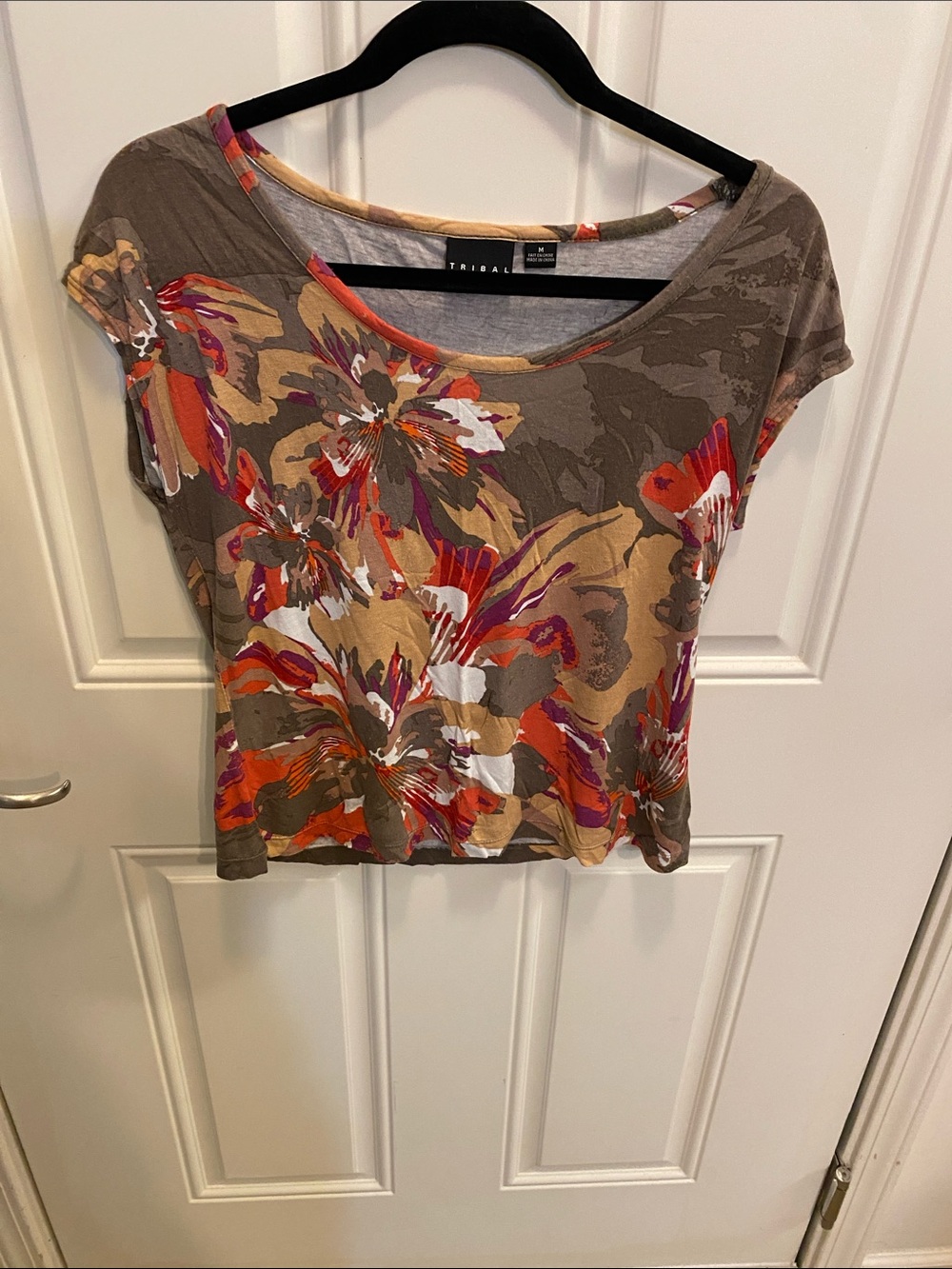 Tribal Short Sleeve Scoop Neck Top - Taupe with Orange, Red & Purple